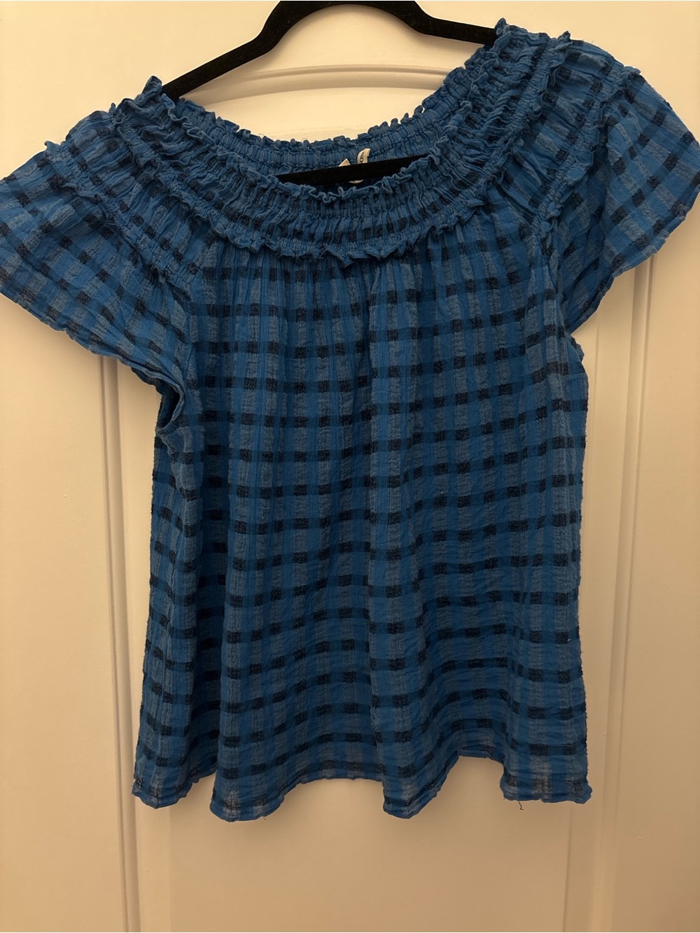 Ulla Johnson Blue Checked Off-the-Shoulder Smocked Top